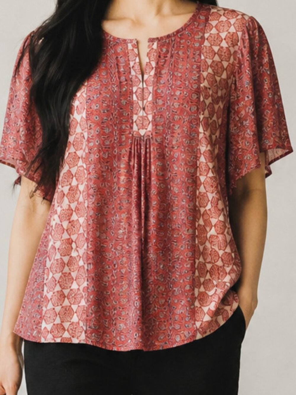 Lucky Brand Mixed-Print Red White Peasant top Size Large Semi-Sheer 100% Rayon
